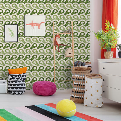 18' L x 24" W Peel & Stick Wallpaper Roll - Retro Waves In Green by Modern Tropical - Wallpaper - Americanflat