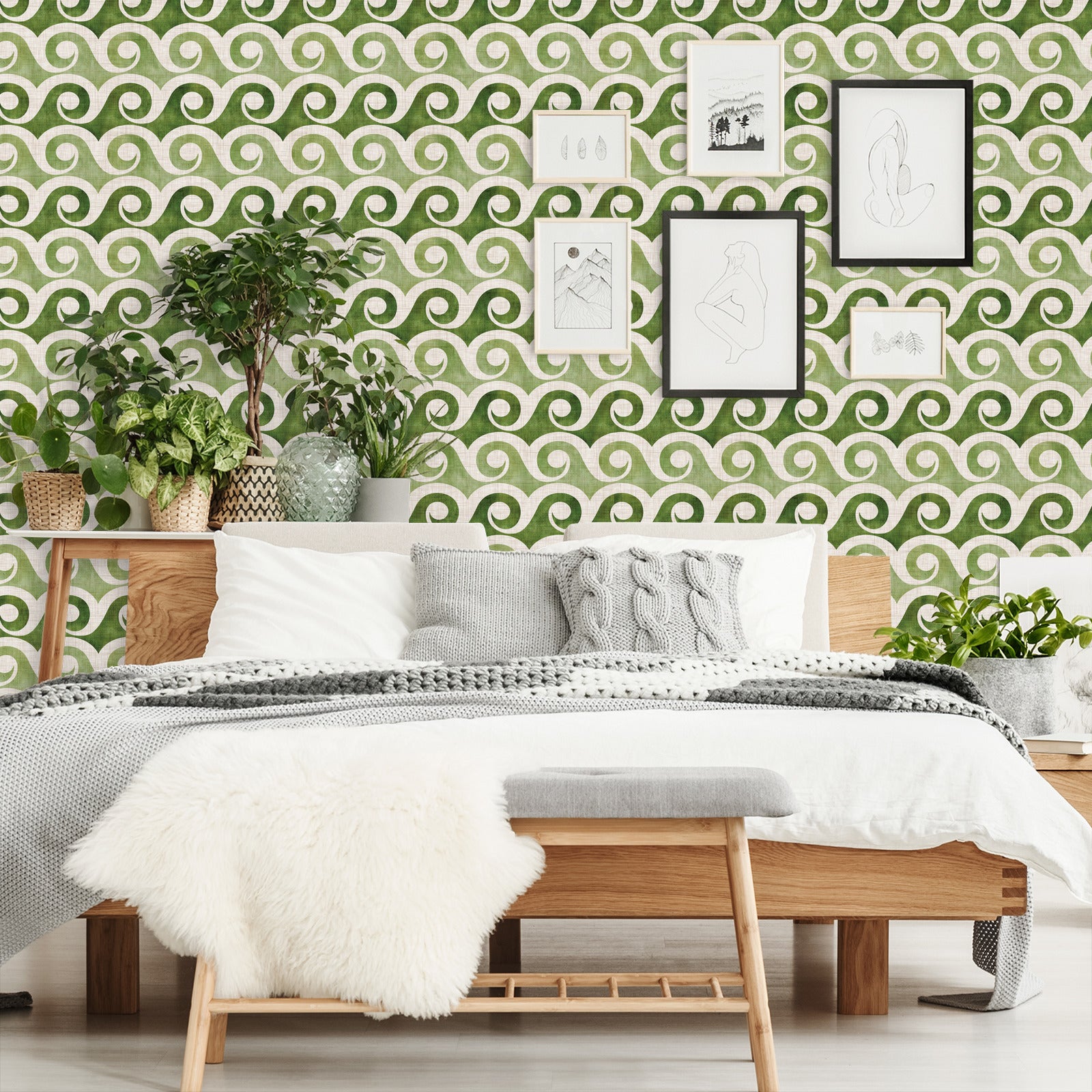 18' L x 24" W Peel & Stick Wallpaper Roll - Retro Waves In Green by Modern Tropical - Wallpaper - Americanflat