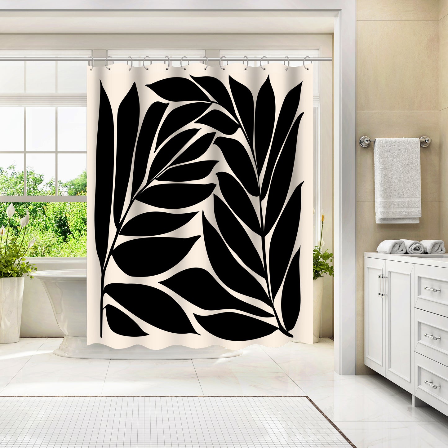 71" x 74" Boho Shower Curtain with 12 Hooks, Black Seagrass Shapes by Modern Tropical