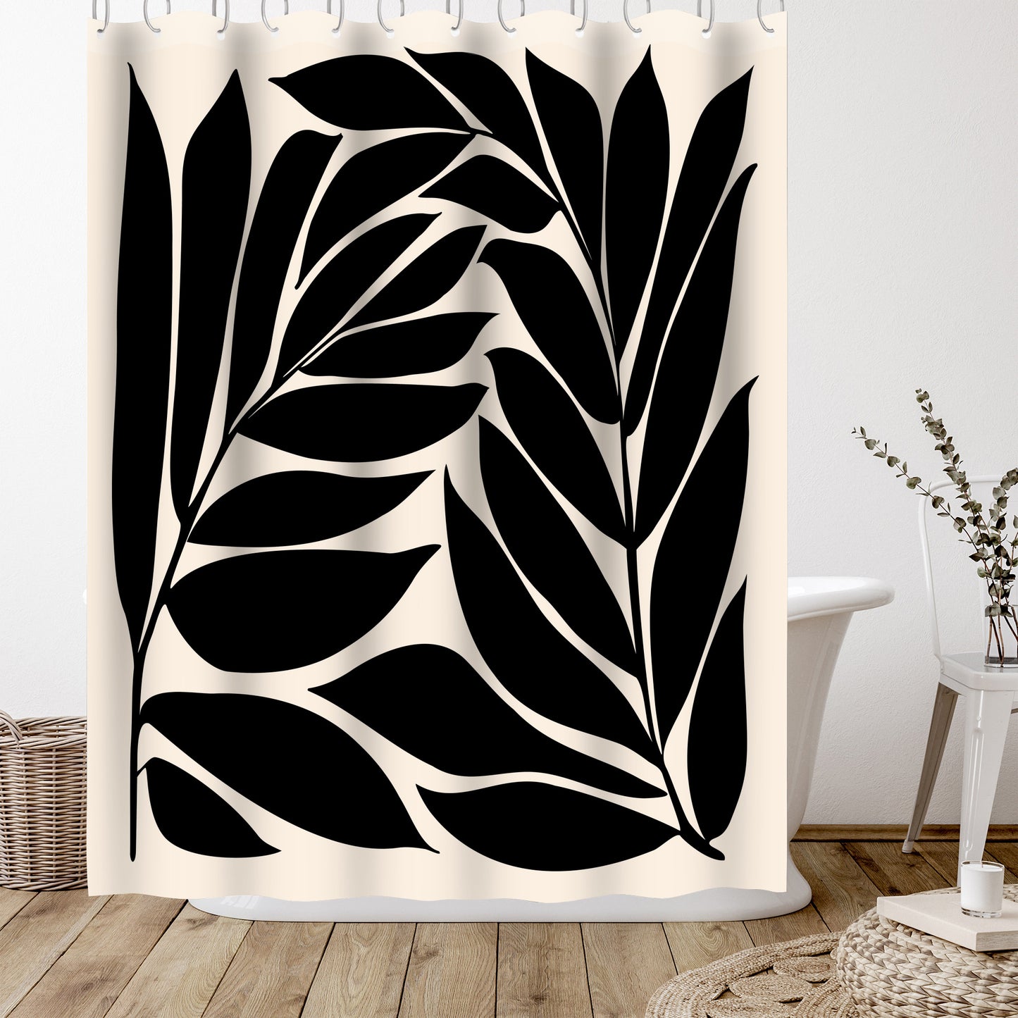 71" x 74" Boho Shower Curtain with 12 Hooks, Black Seagrass Shapes by Modern Tropical