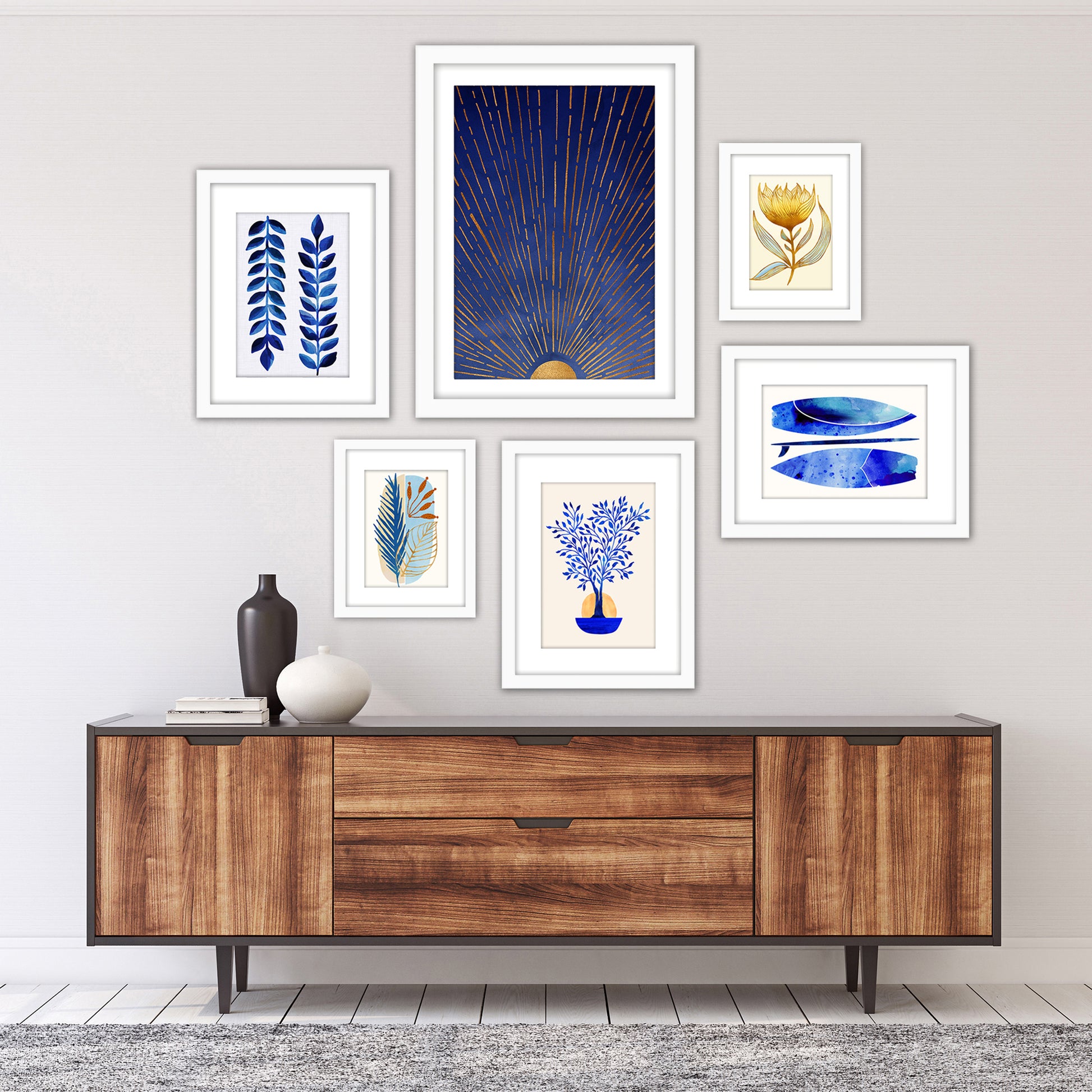 Modern Tropical Blue Moon - 6 Piece Framed Gallery Wall Set - Americanflat