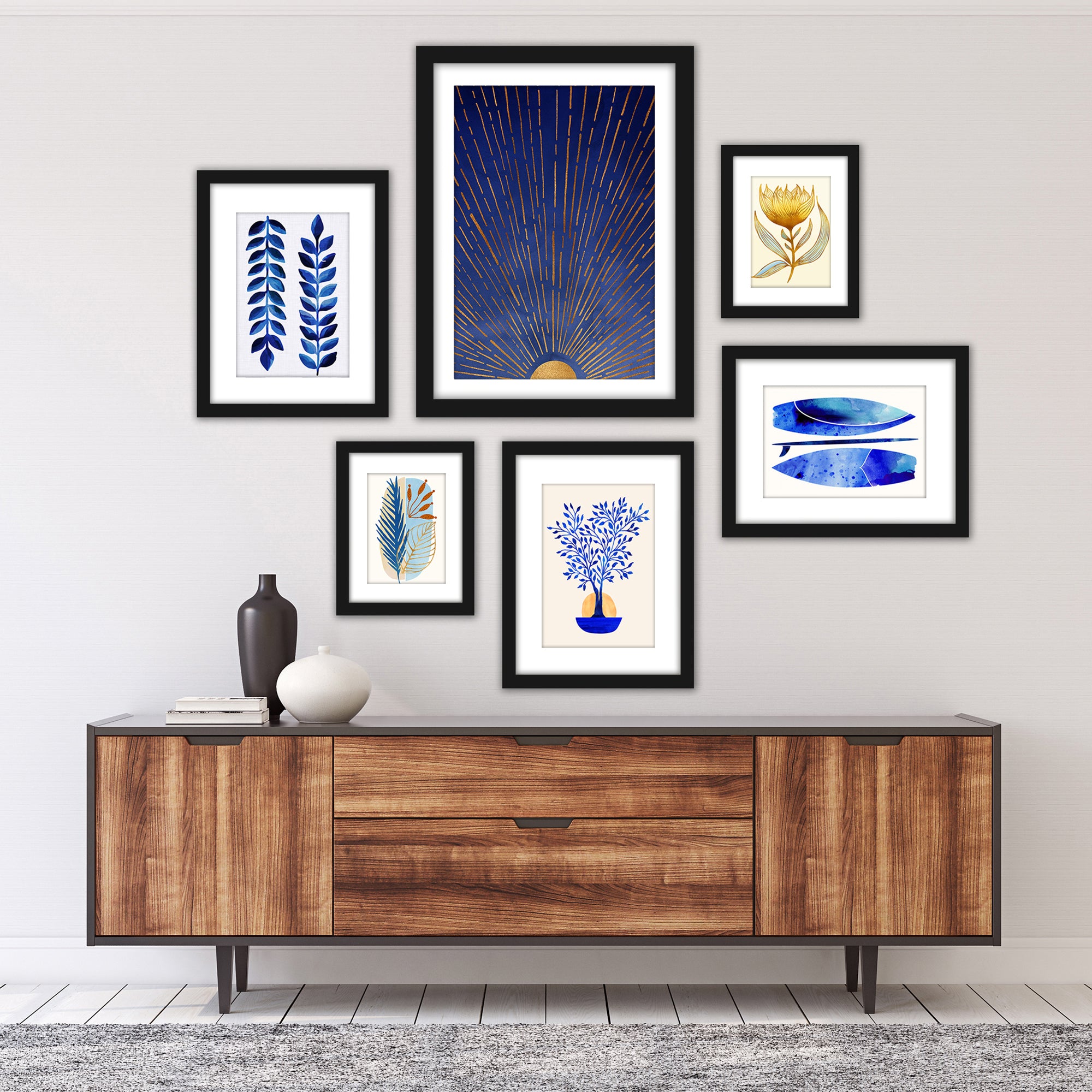 Modern Tropical Blue Moon - 6 Piece Framed Gallery Wall Set - Americanflat