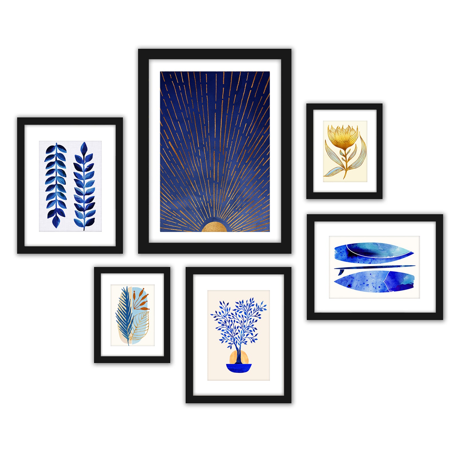 Black and White Contemporary Blue-Grey - 6 Piece Framed Gallery Wall Set Multi / White Matted - Americanflat