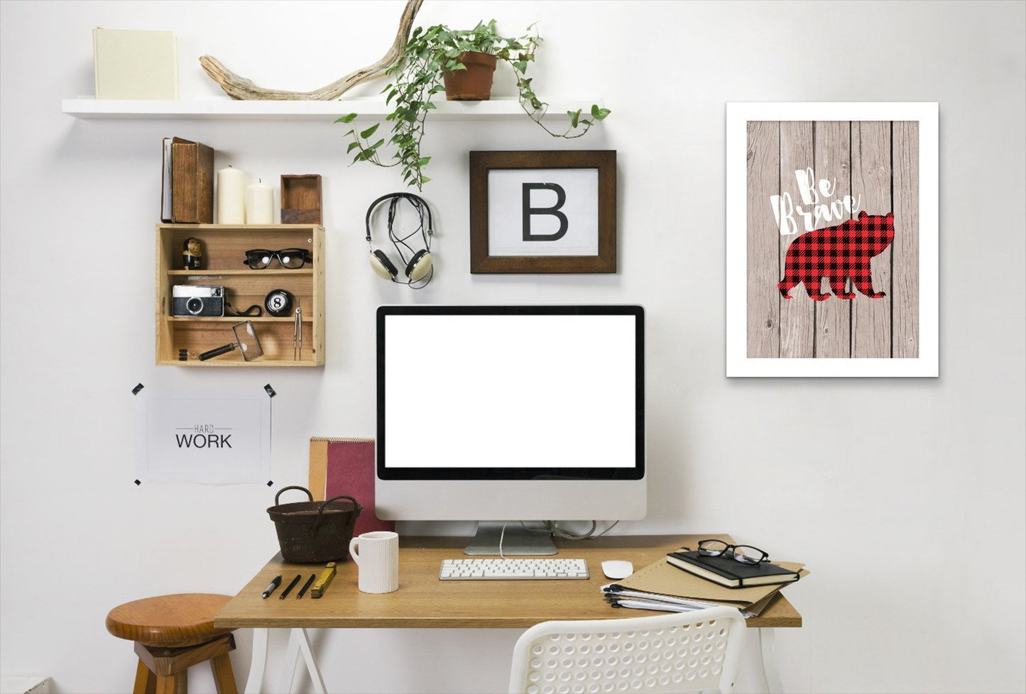 Be Brave Bear Brown Wood By Wall + Wonder - White Framed Print - Wall Art - Americanflat