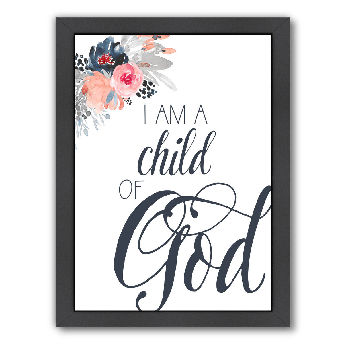 Child Of God  Navy Floral By Wall + Wonder - Black Framed Print - Wall Art - Americanflat