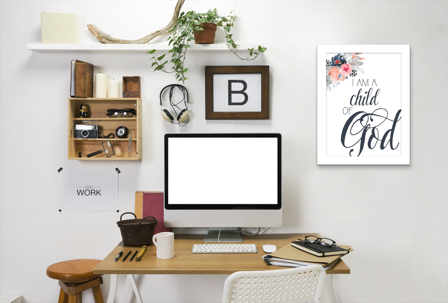 Child Of God  Navy Floral By Wall + Wonder - White Framed Print - Wall Art - Americanflat