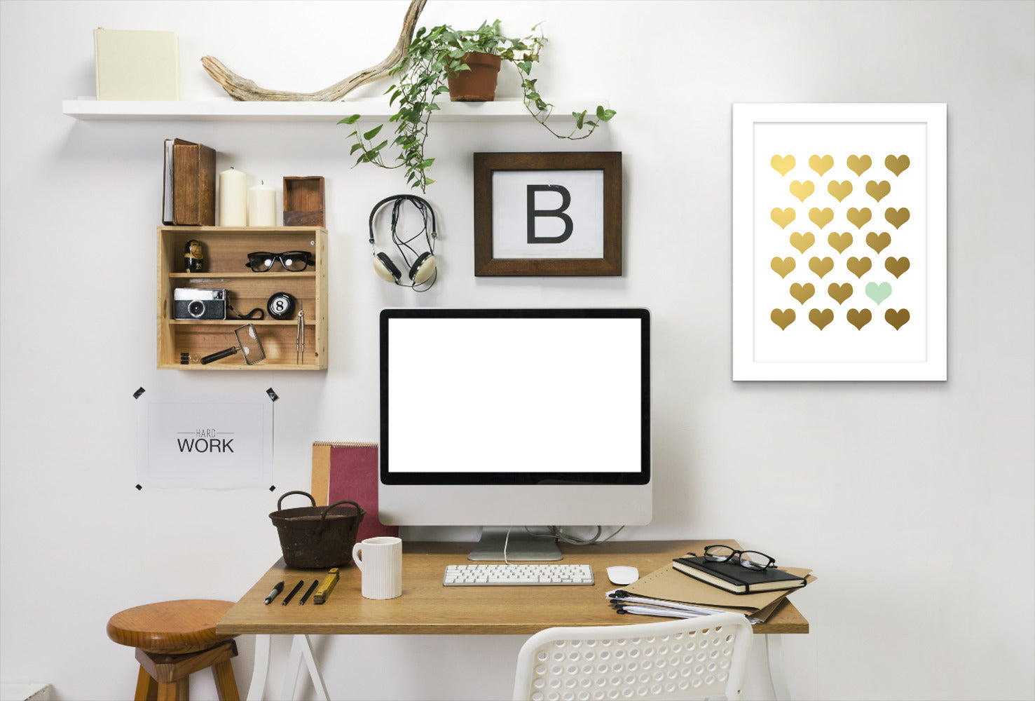 Hearts Gold Mint By Wall + Wonder - White Framed Print - Wall Art - Americanflat
