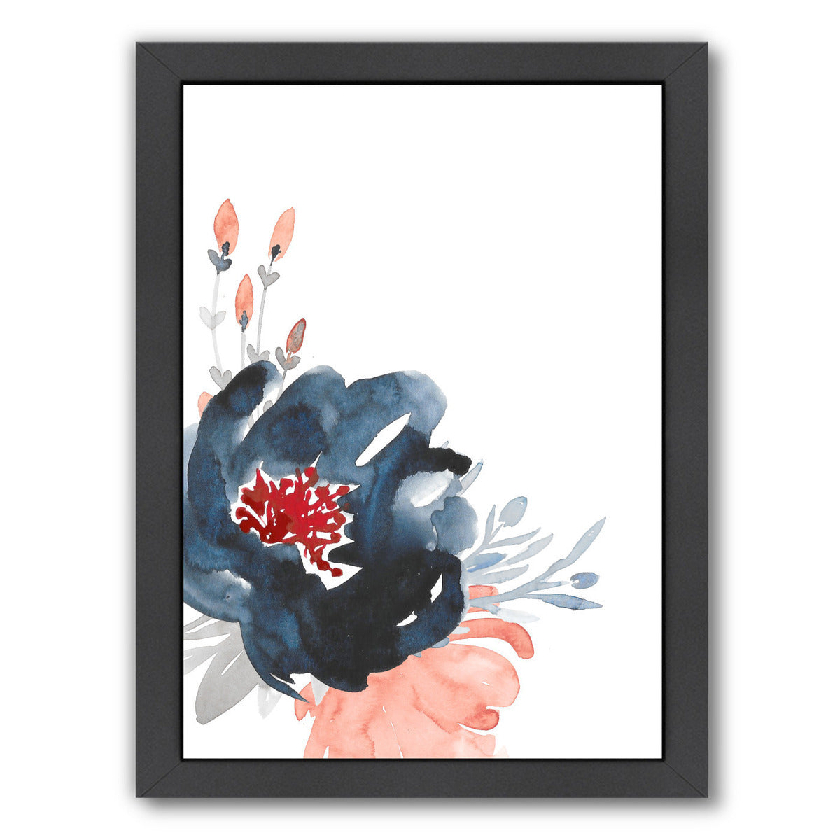 Navy Floral Big On Left By Wall + Wonder - Black Framed Print - Wall Art - Americanflat