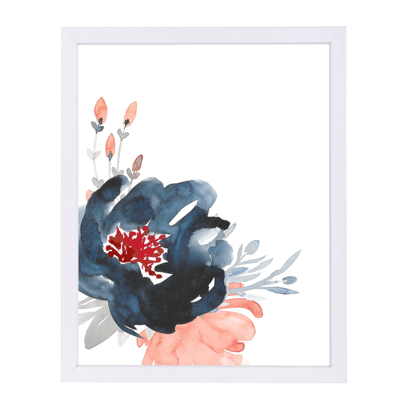 Navy Floral Big On Left By Wall + Wonder - White Framed Print - Wall Art - Americanflat