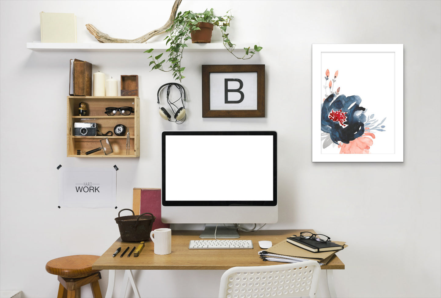 Navy Floral Big On Left By Wall + Wonder - White Framed Print - Wall Art - Americanflat