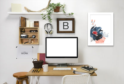 Navy Floral Big On Left By Wall + Wonder - White Framed Print - Wall Art - Americanflat