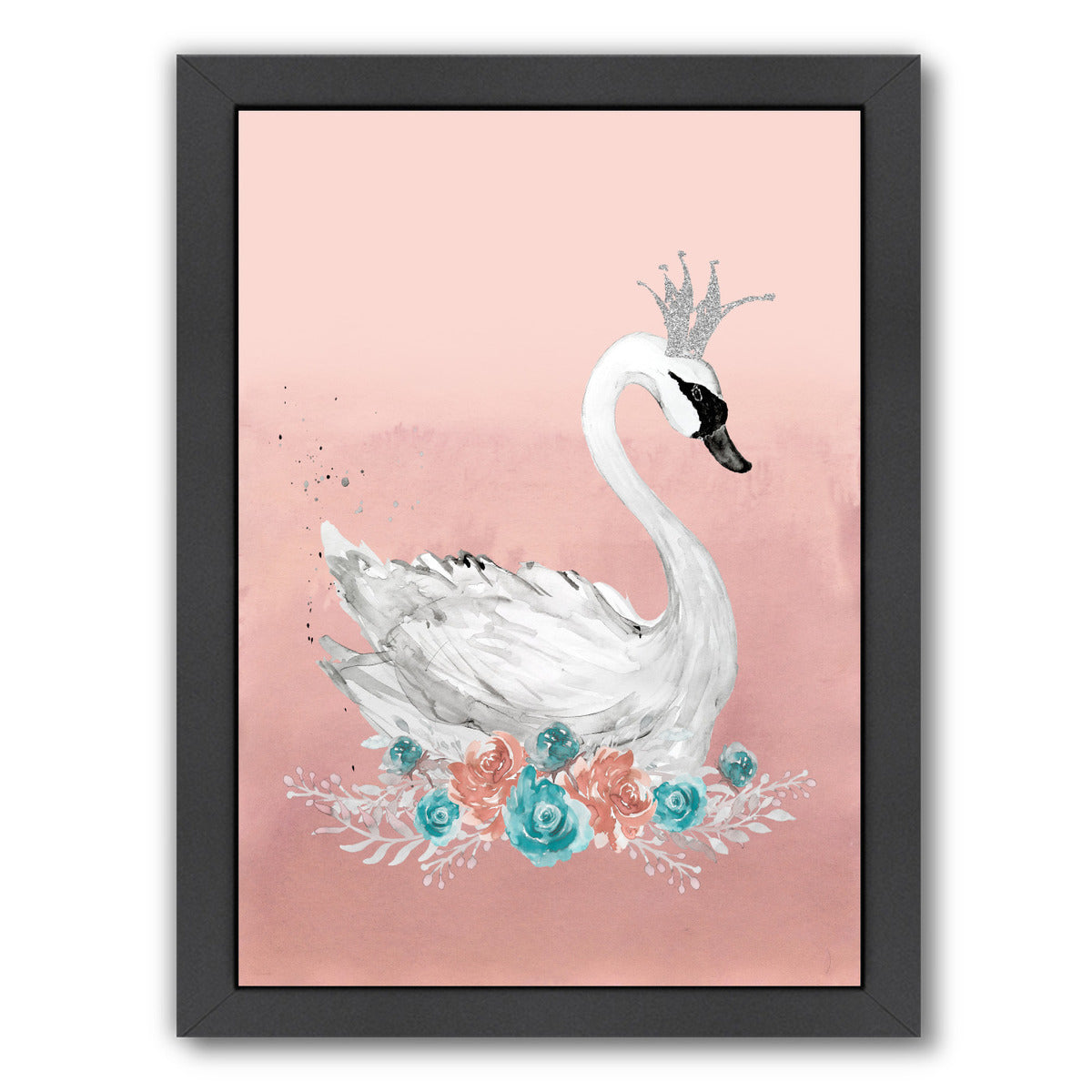 Swan Peach Teal Floral By Wall + Wonder - Black Framed Print - Wall Art - Americanflat