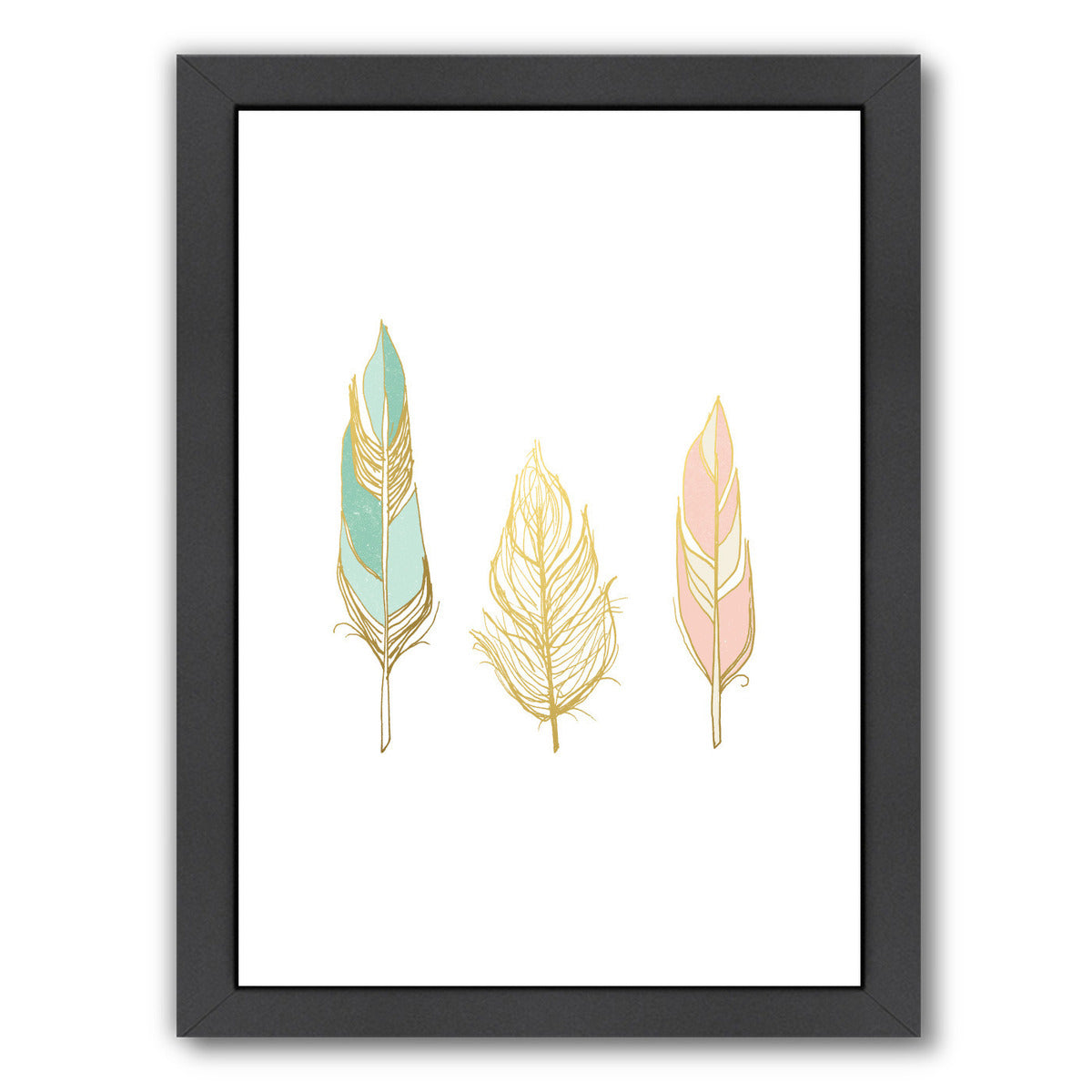 Three Feathers In Gold By Wall + Wonder - Black Framed Print - Wall Art - Americanflat