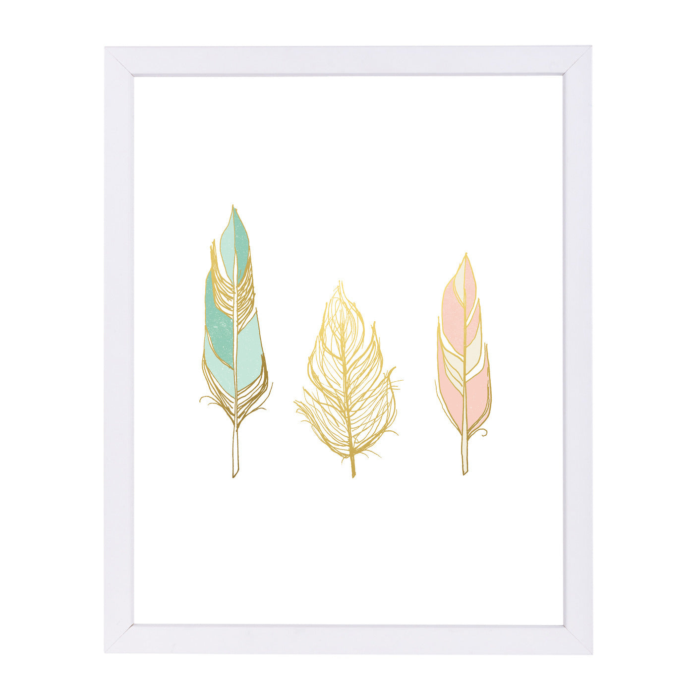 Three Feathers In Gold By Wall + Wonder - White Framed Print - Wall Art - Americanflat