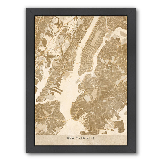 Map Of New York City In Vintage Sepia By Blursbyai - Black Framed Print - Wall Art - Americanflat