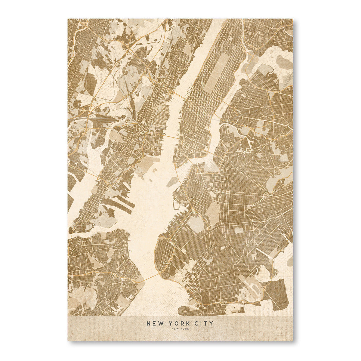 Map Of New York City In Vintage Sepia by Blursbyai - Art Print - Americanflat