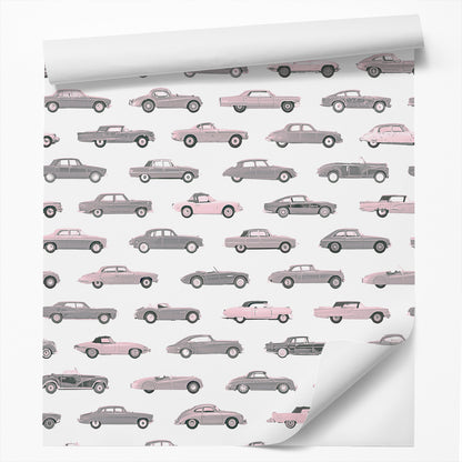 18' L x 24" W Peel & Stick Wallpaper Roll - Pink Vintage Cars Boys by DecoWorks - Wallpaper - Americanflat