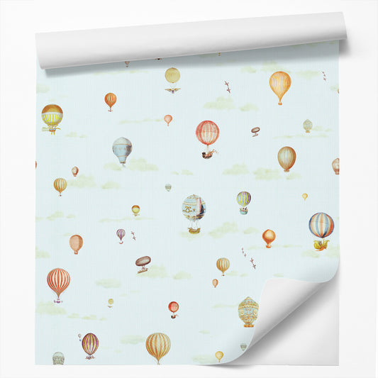 18' L x 24" W Peel & Stick Wallpaper Roll - Blue Hot Air Balloons by DecoWorks - Wallpaper - Americanflat