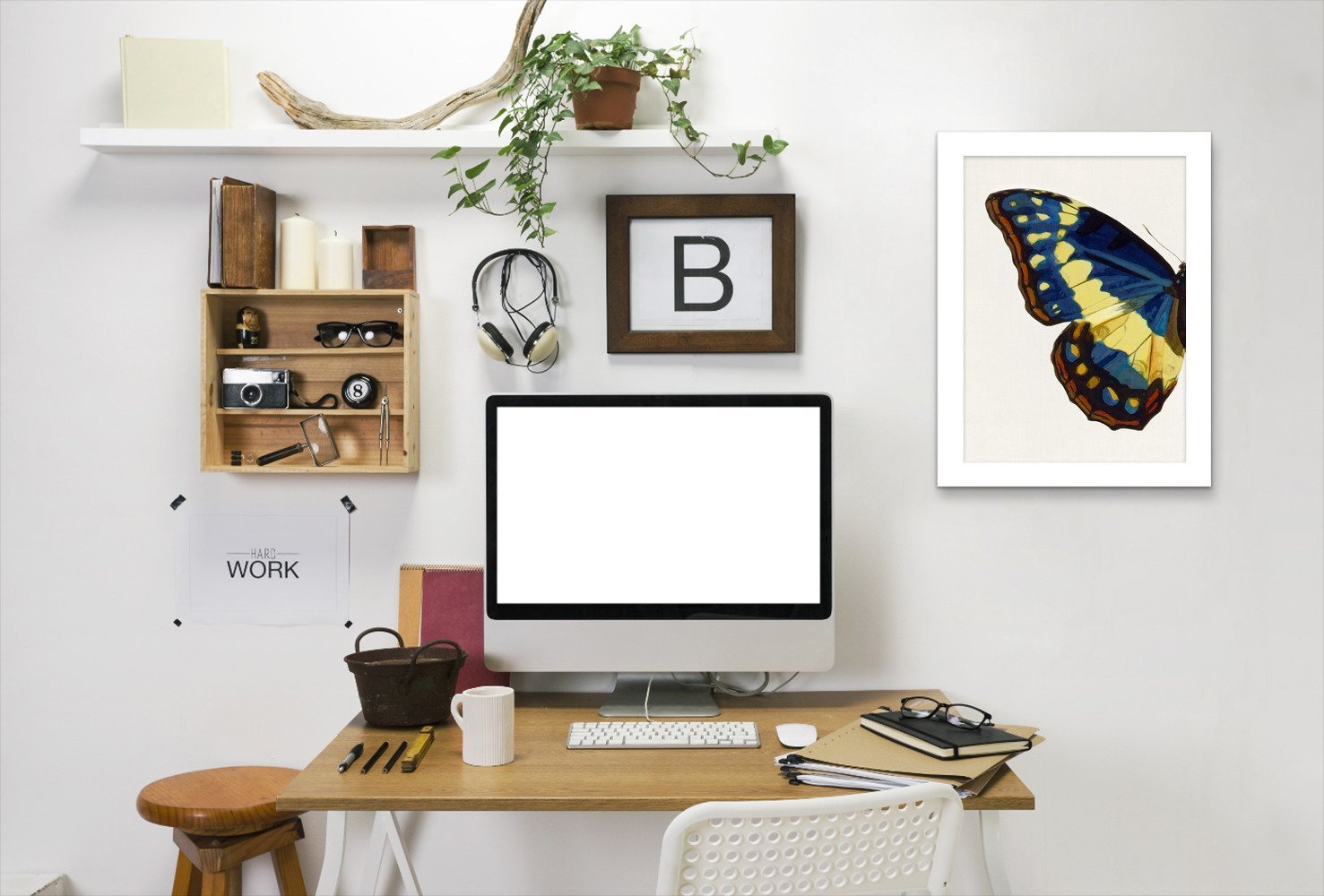 Blue Gold Butterfly I By Chaos & Wonder Design - White Framed Print - Wall Art - Americanflat