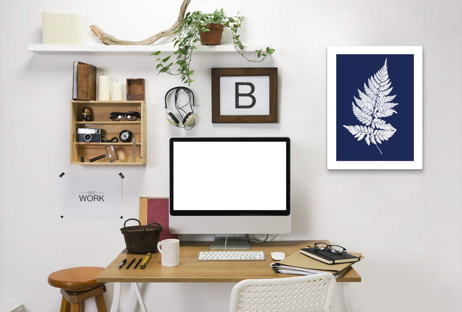 White Fernon Navy By Chaos & Wonder Design - White Framed Print - Wall Art - Americanflat