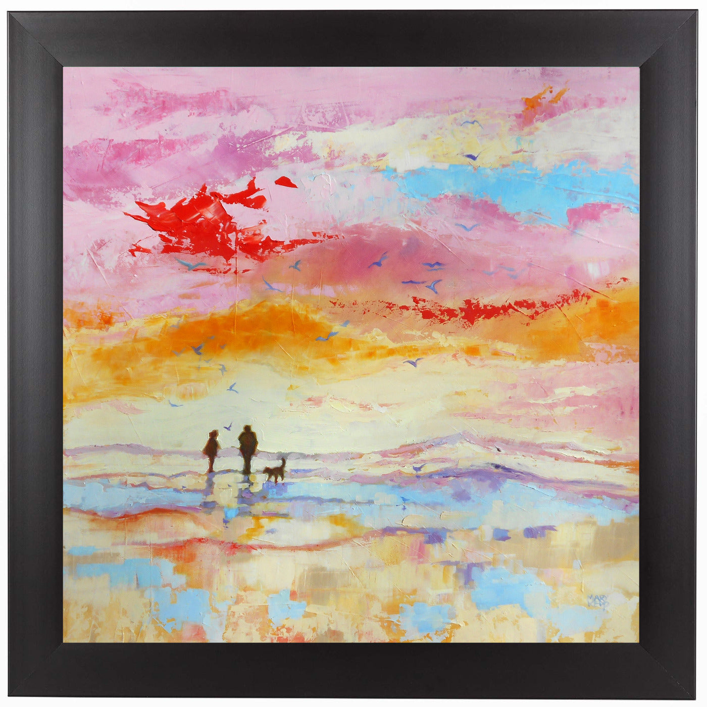 Walking With The Dog And Birds by Mary Kemp Black Framed Print - Wall Art - Americanflat