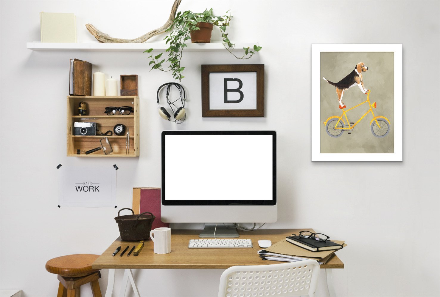 Beagle On Bicycle By Coco De Paris - White Framed Print - Wall Art - Americanflat