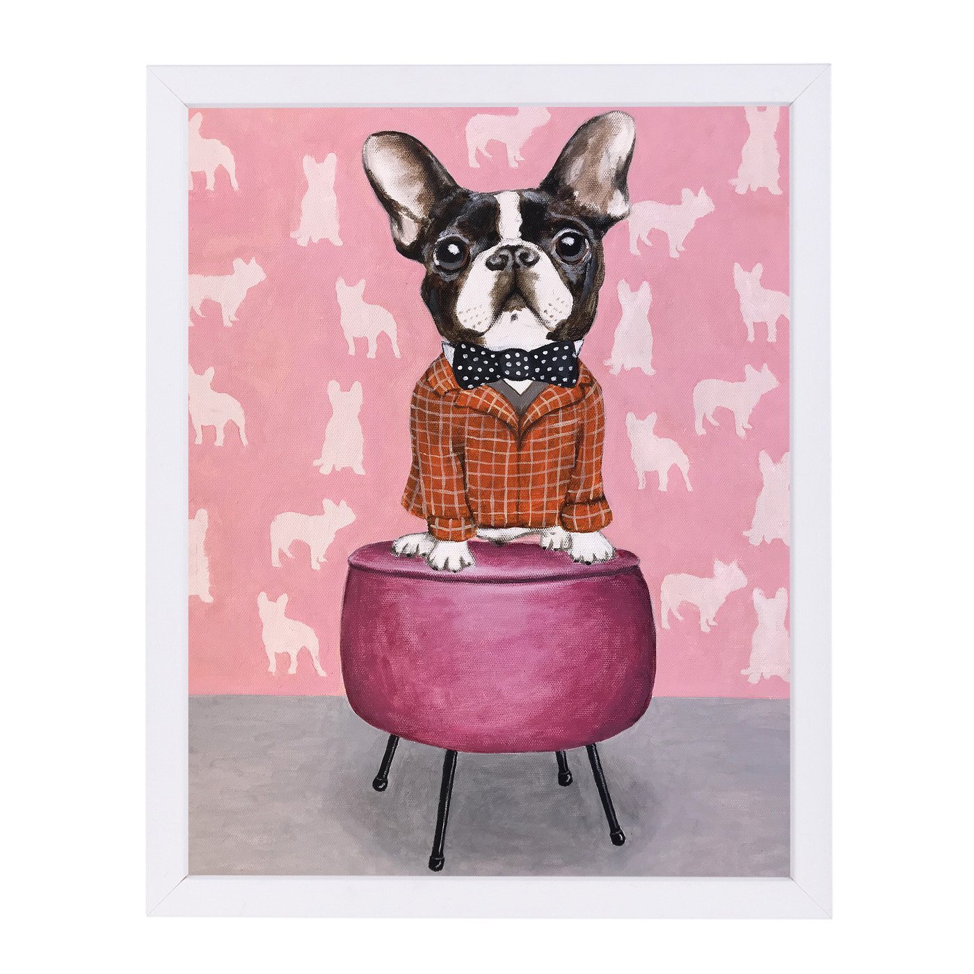 Bulldog On Pouf By Coco De Paris - White Framed Print - Wall Art - Americanflat