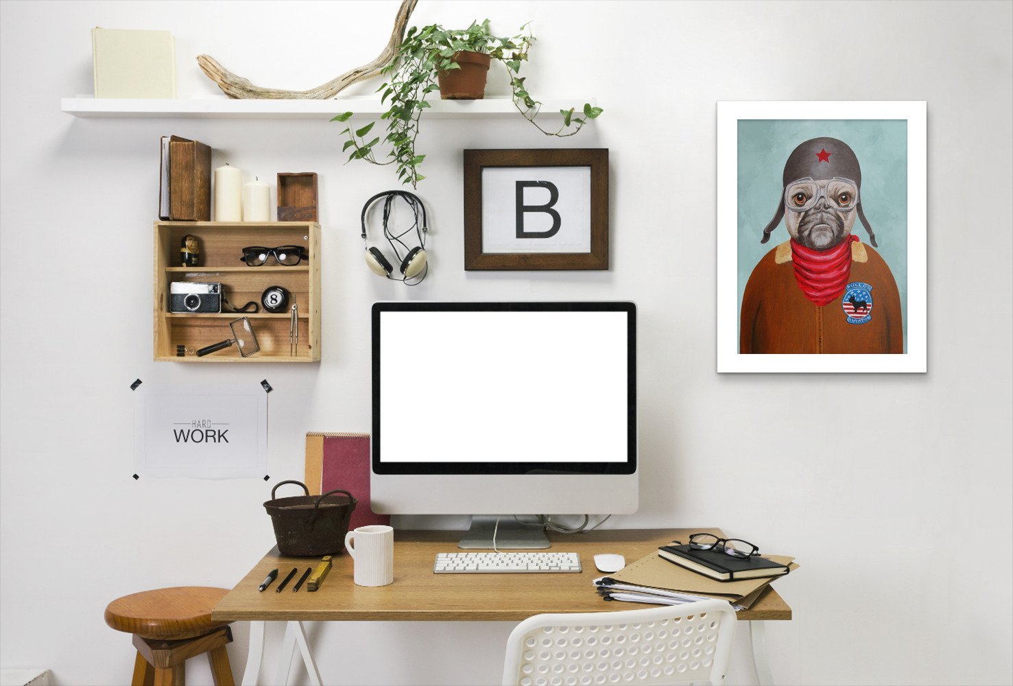 Bulldog With Helmet By Coco De Paris - White Framed Print - Wall Art - Americanflat