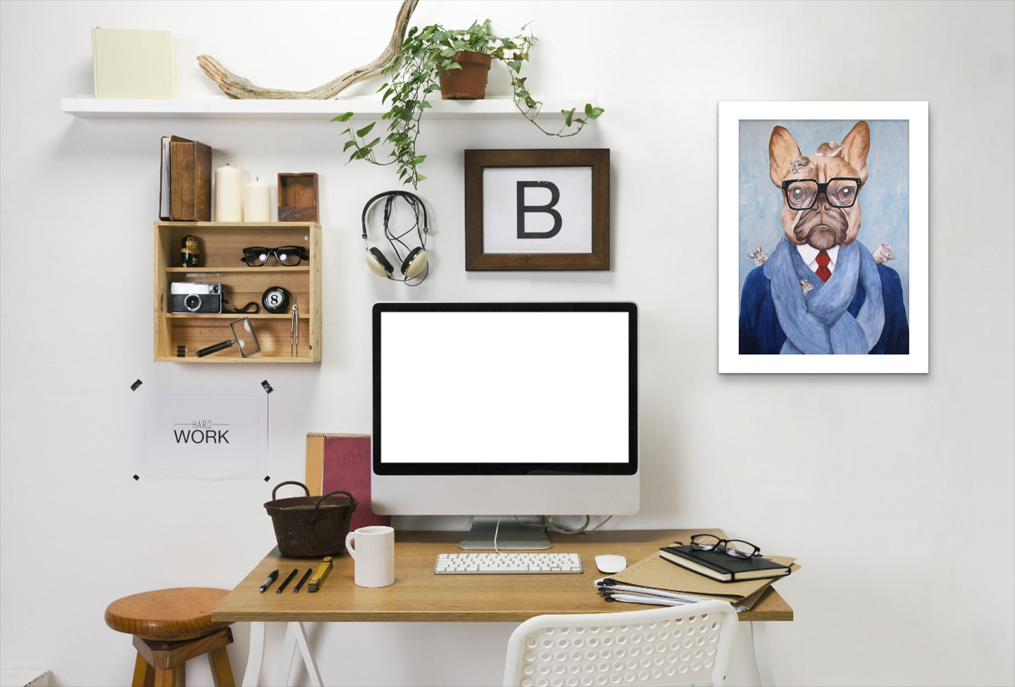 Bulldog With Mice By Coco De Paris - White Framed Print - Wall Art - Americanflat