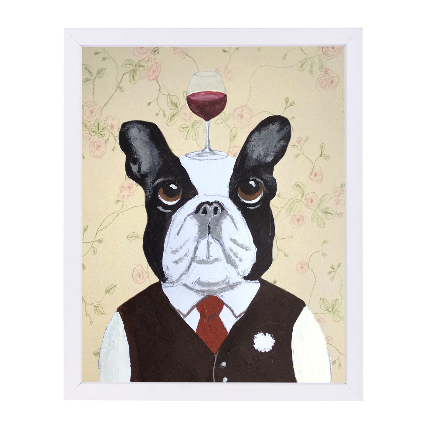 Bulldog With Wineglass By Coco De Paris - White Framed Print - Wall Art - Americanflat
