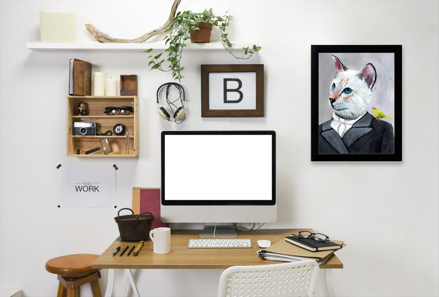 Cat With Bird By Coco De Paris - Black Framed Print - Wall Art - Americanflat