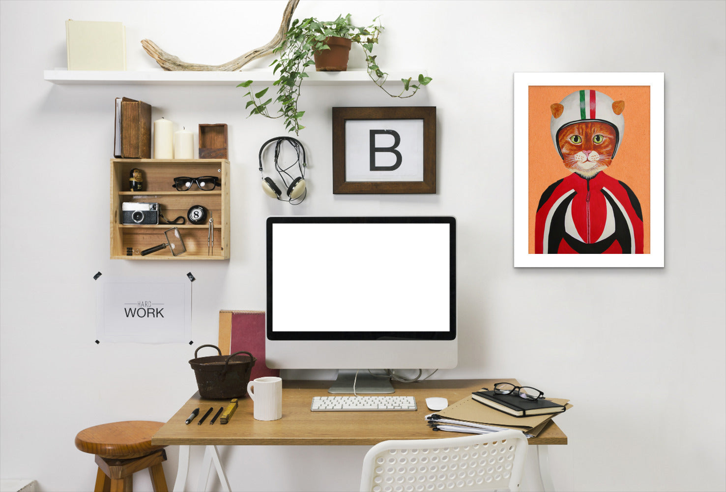 Cat With Helmet By Coco De Paris - White Framed Print - Wall Art - Americanflat