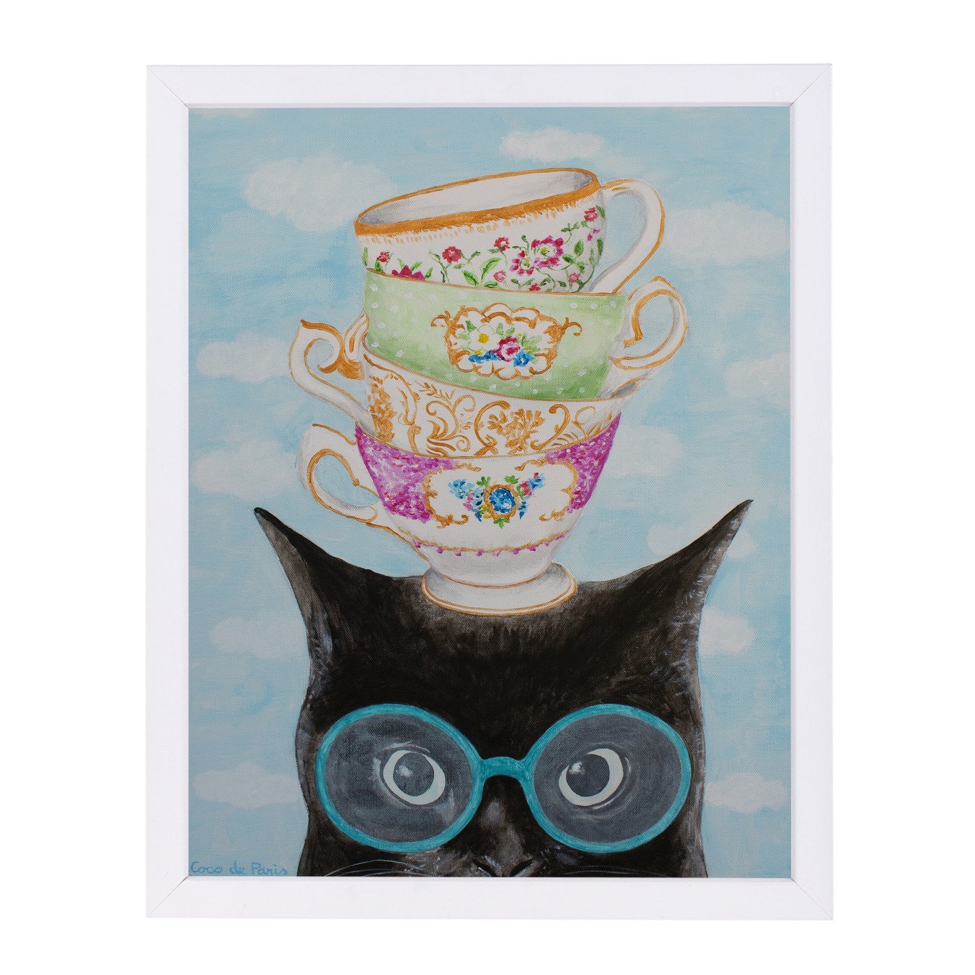 Cat With Stacked Cups By Coco De Paris - White Framed Print - Wall Art - Americanflat