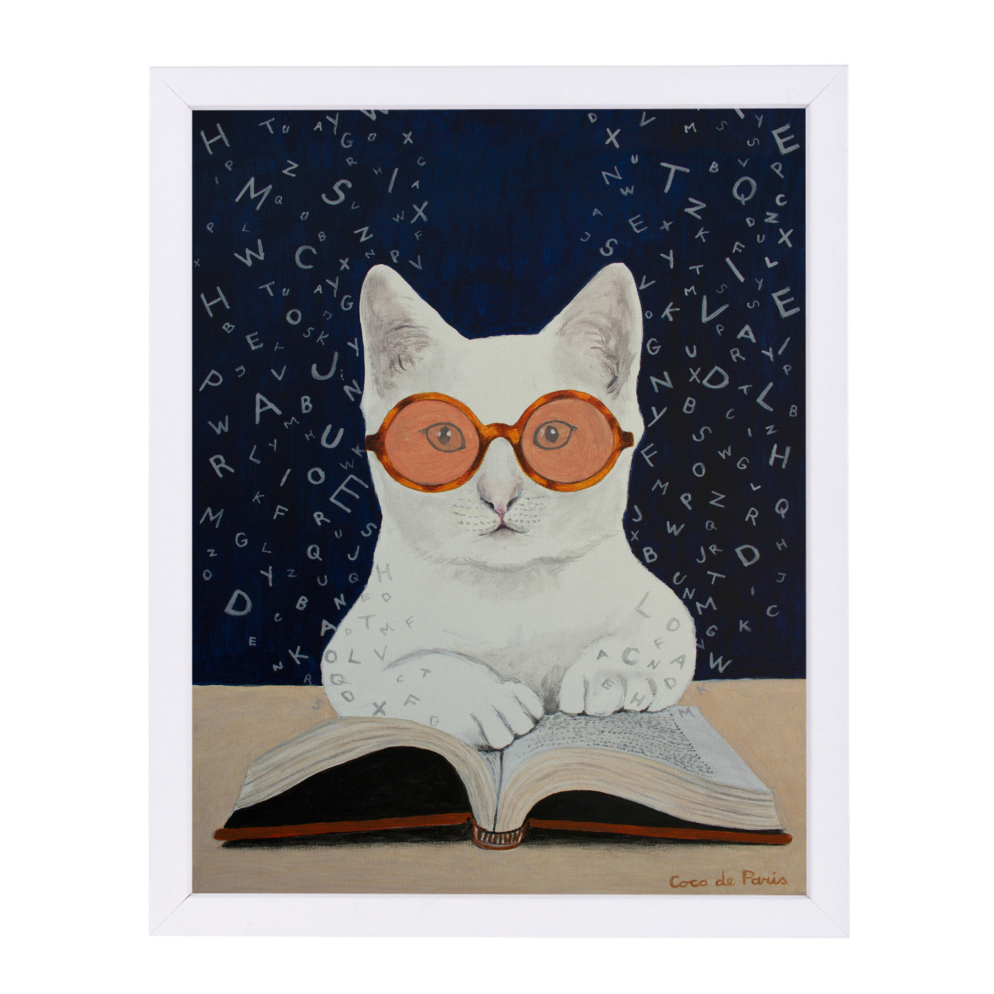 Cat Reading Book By Coco De Paris - White Framed Print - Wall Art - Americanflat