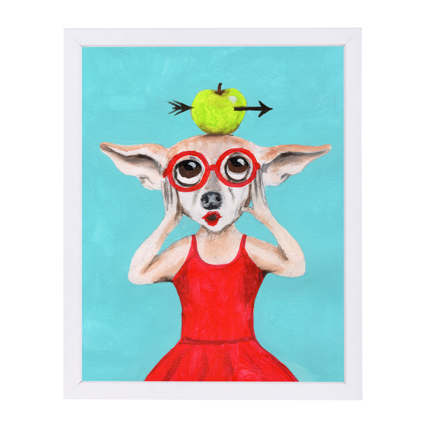 Chihuahua With Apple By Coco De Paris - White Framed Print