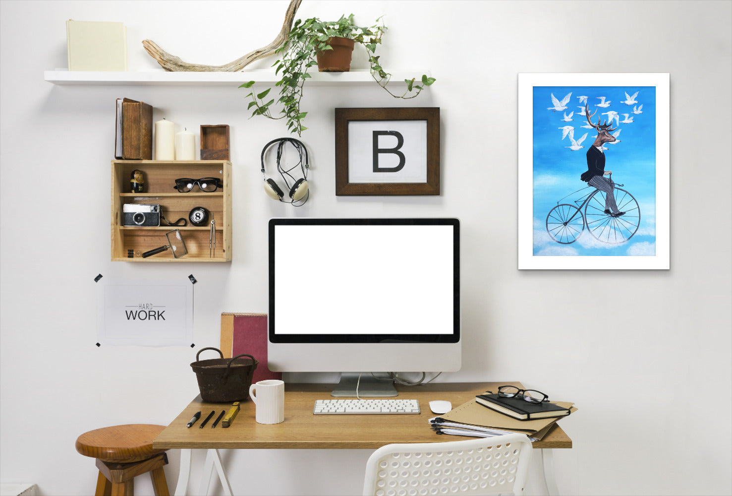 Dreaming Deer Cycling By Coco De Paris - White Framed Print - Wall Art - Americanflat