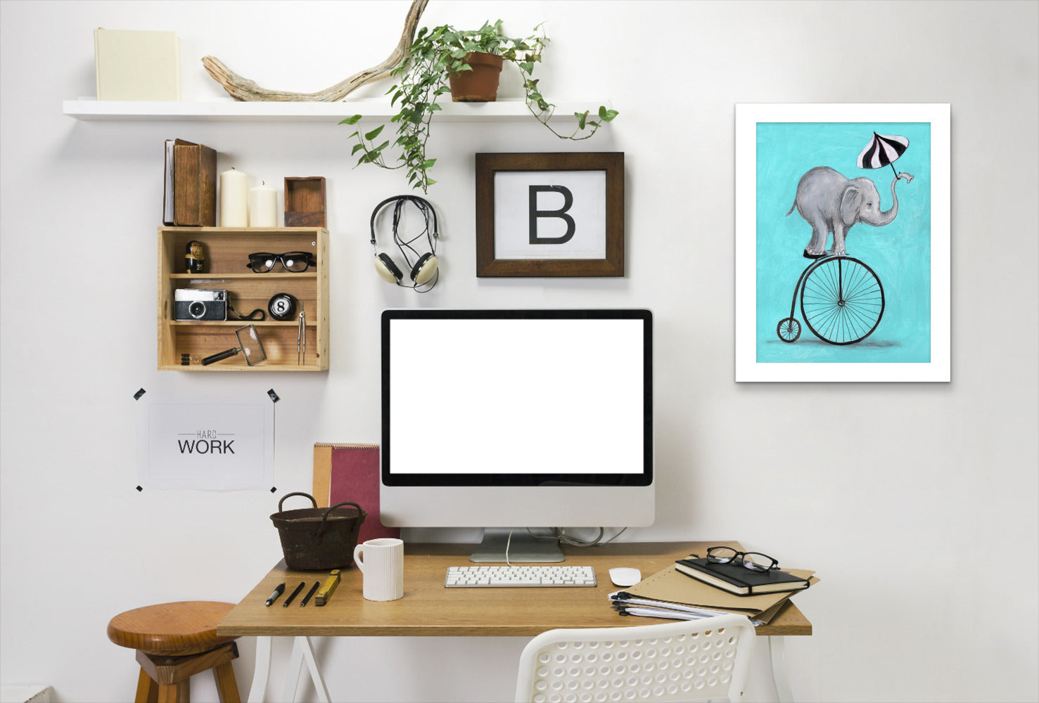 Elephant With Umbrella By Coco De Paris - White Framed Print - Wall Art - Americanflat