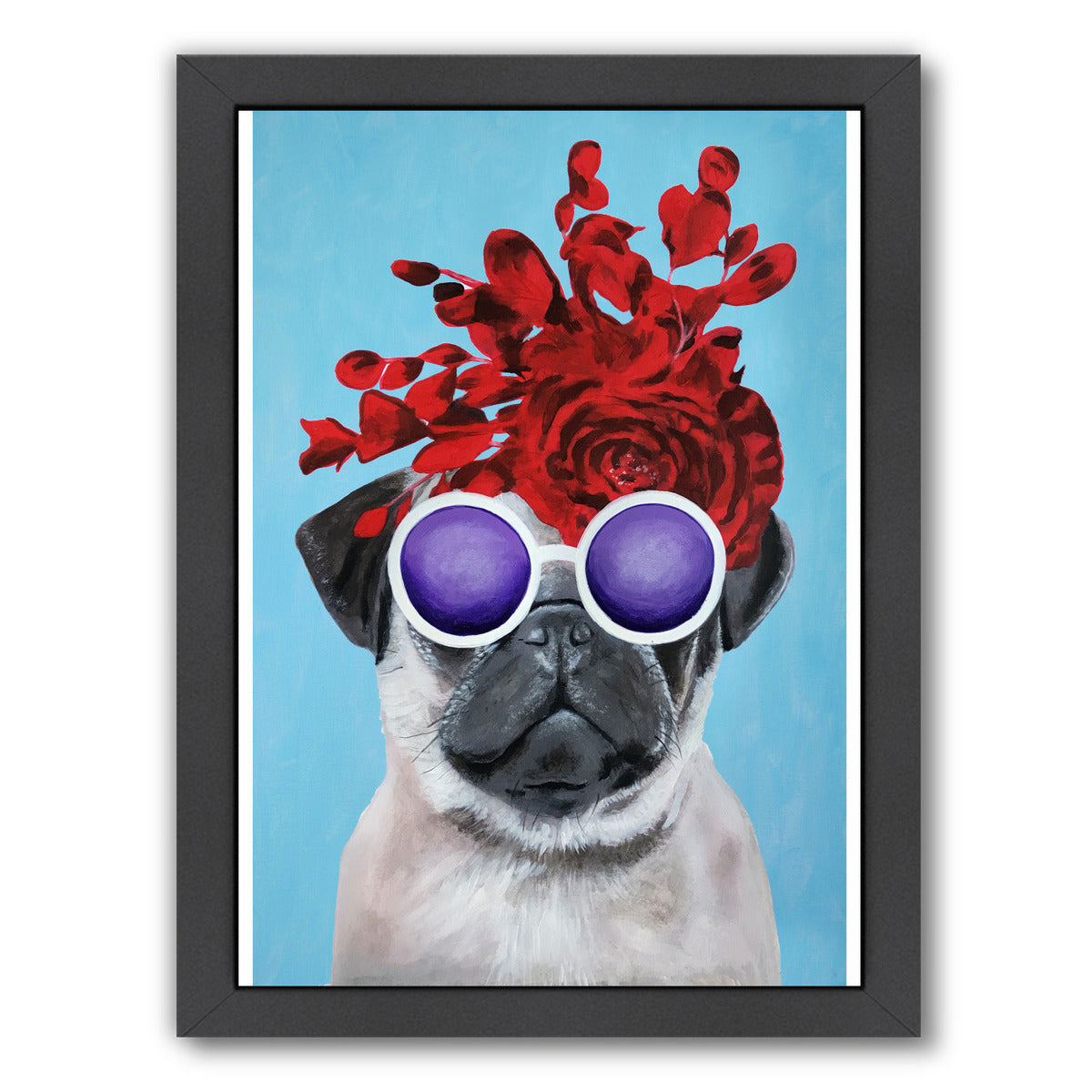 Flower Power Pug Blue By Coco De Paris - Black Framed Print - Wall Art - Americanflat