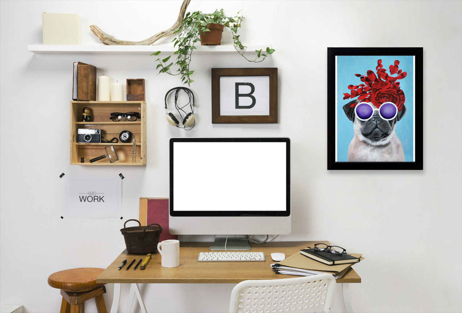 Flower Power Pug Blue By Coco De Paris - Black Framed Print - Wall Art - Americanflat