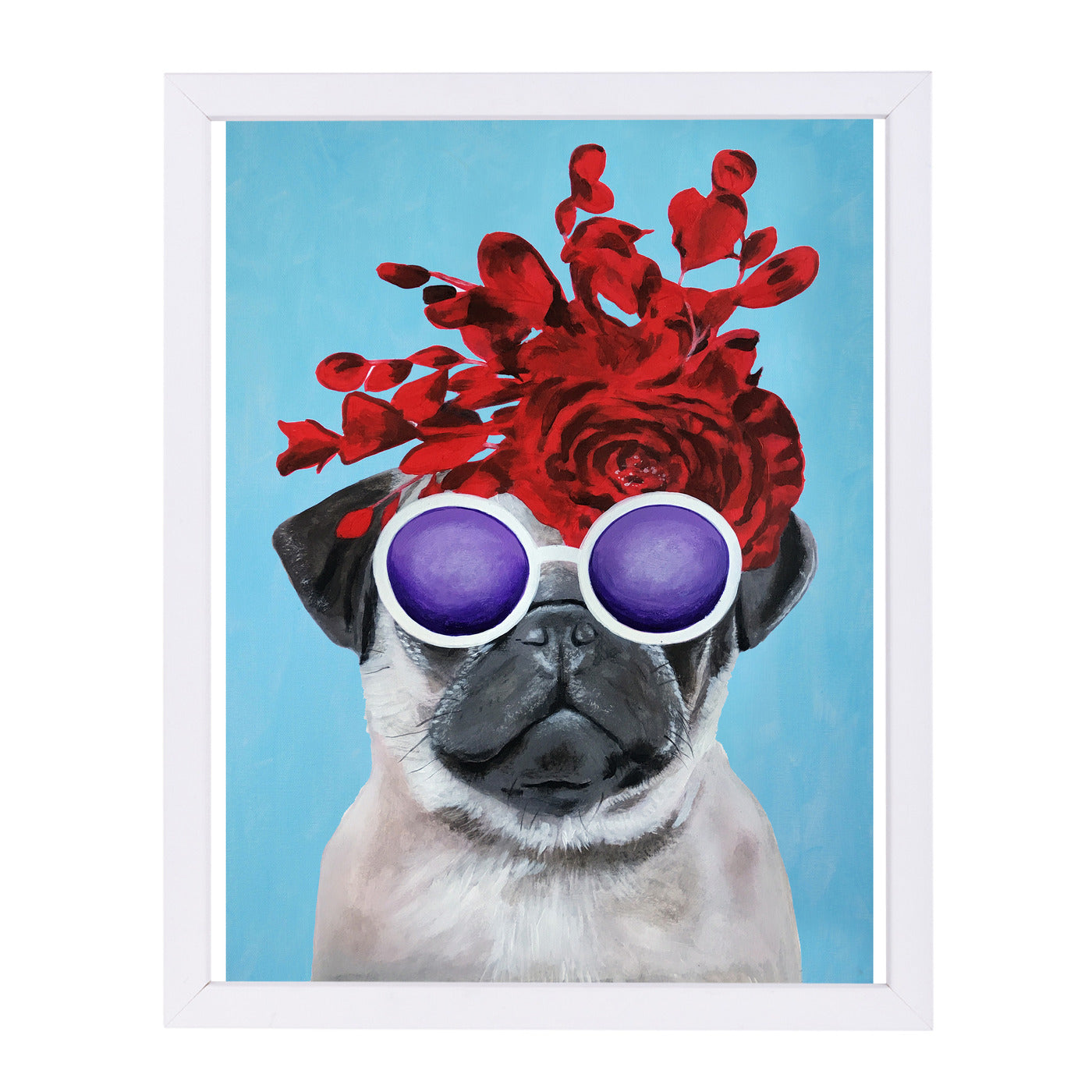 Flower Power Pug Blue By Coco De Paris - White Framed Print - Wall Art - Americanflat