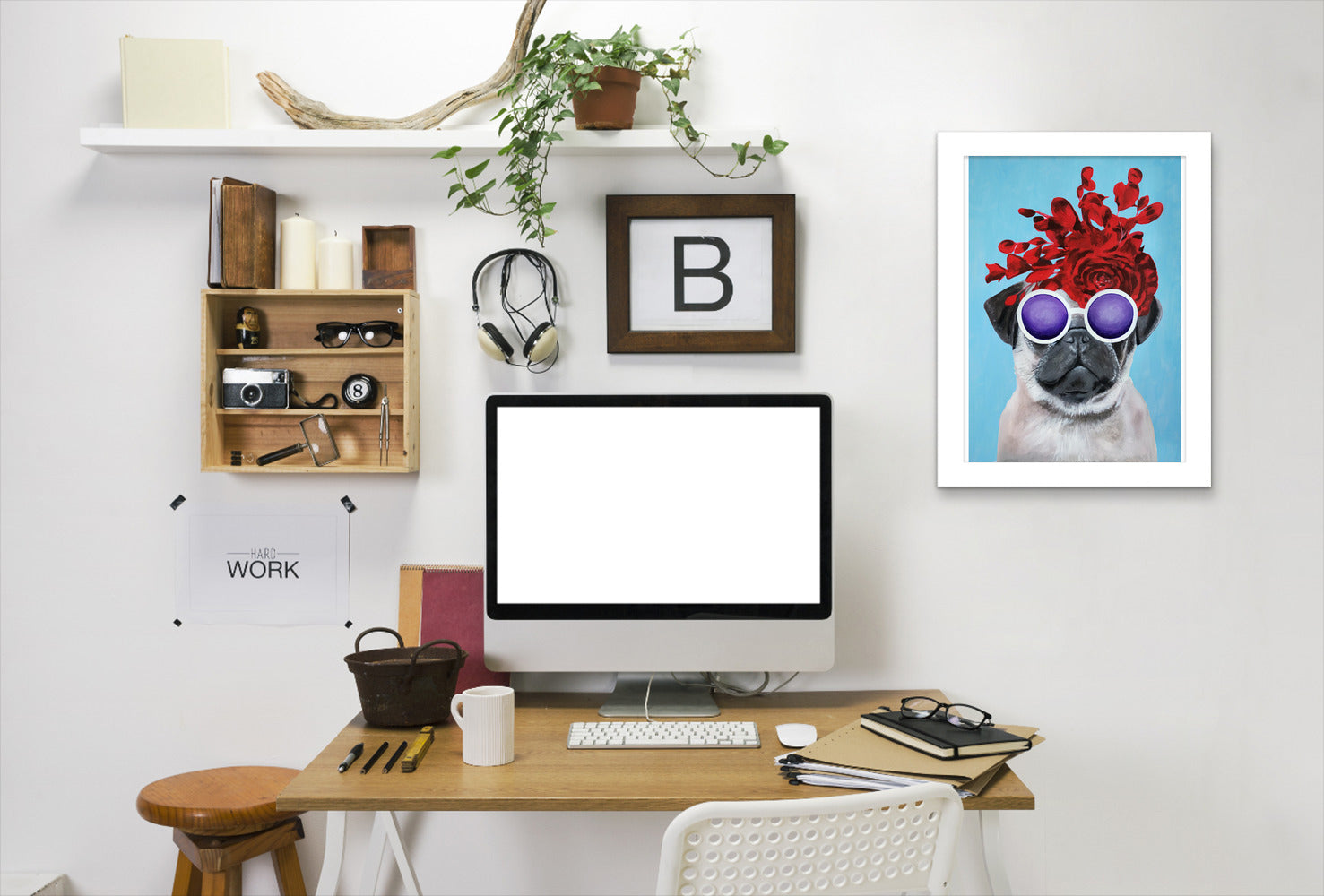 Flower Power Pug Blue By Coco De Paris - White Framed Print - Wall Art - Americanflat