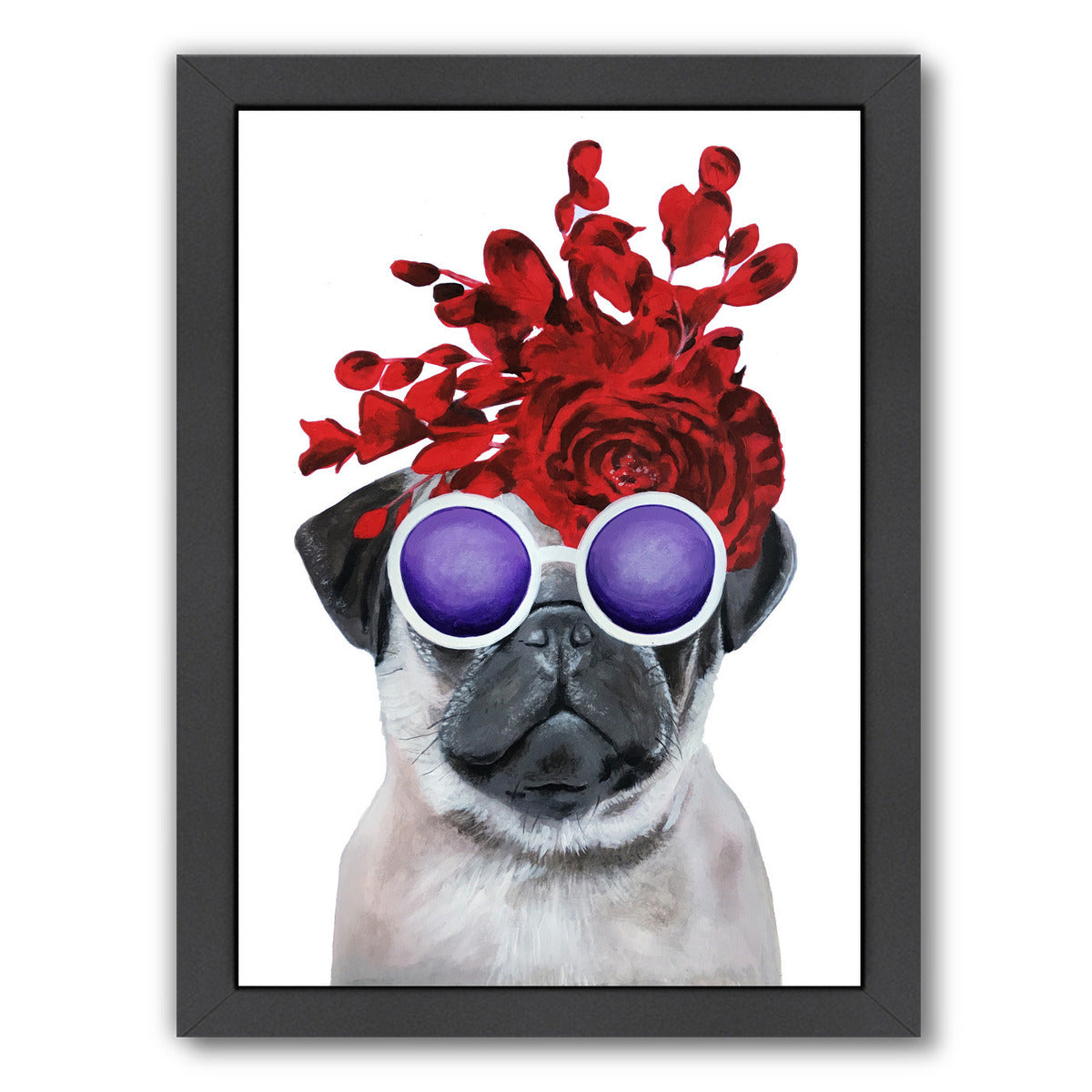 Flower Power Pug White By Coco De Paris - Black Framed Print - Wall Art - Americanflat