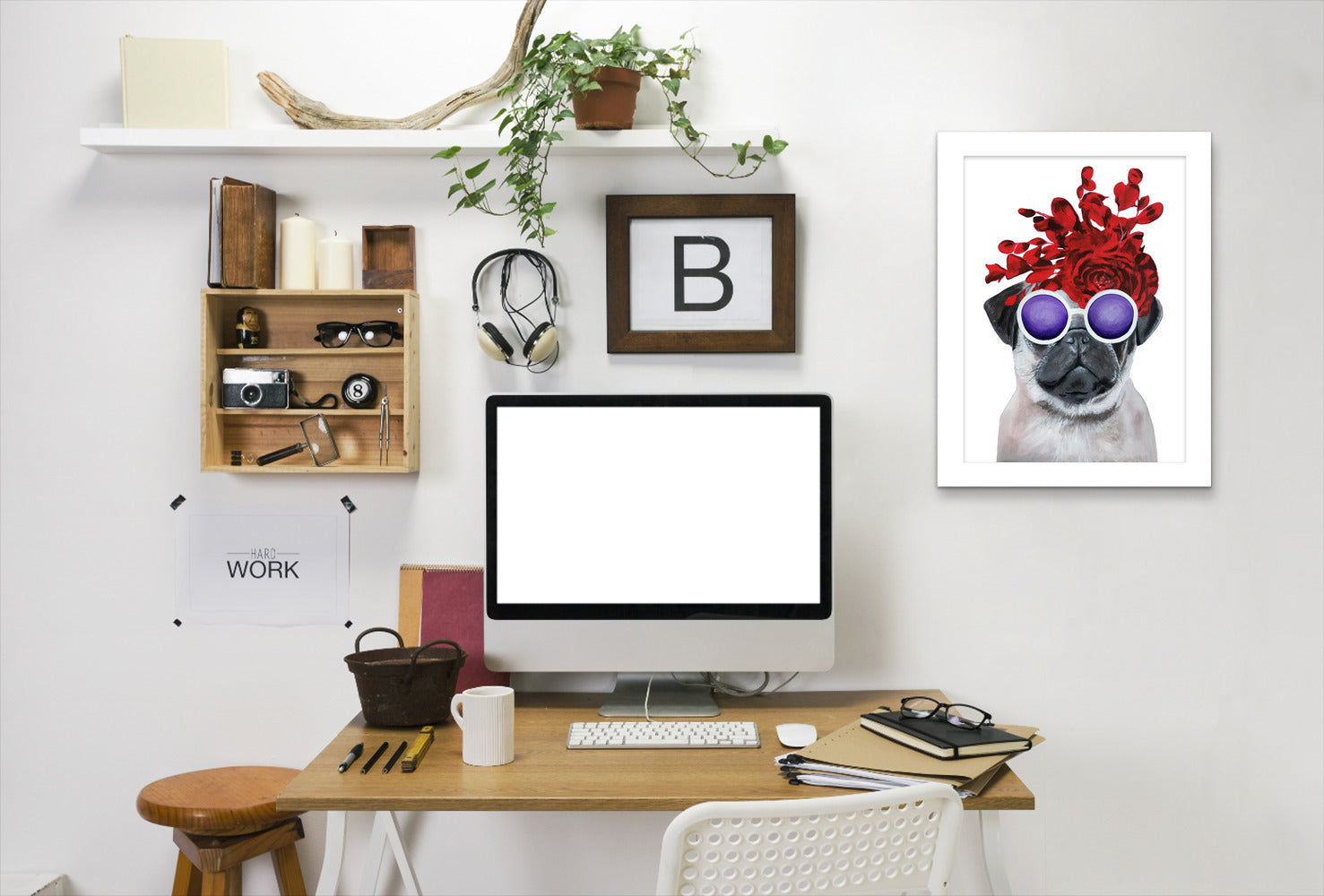 Flower Power Pug White By Coco De Paris - White Framed Print - Wall Art - Americanflat
