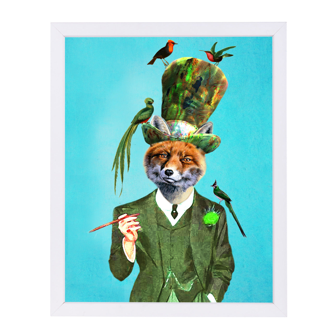 Fox With Hat And Birds By Coco De Paris - White Framed Print - Wall Art - Americanflat