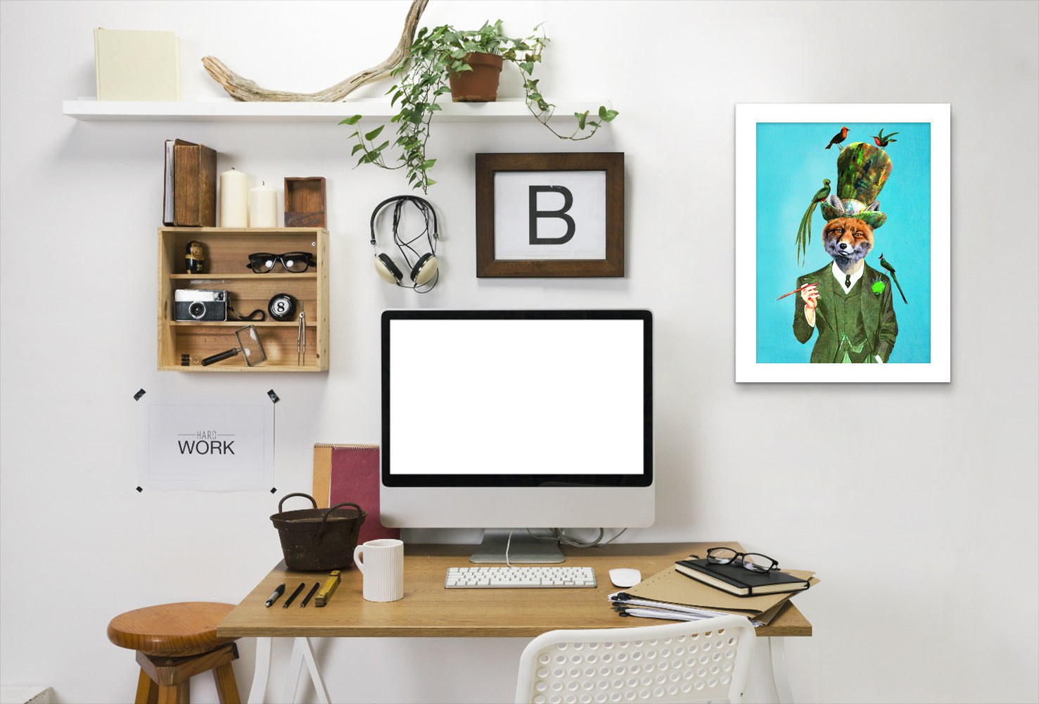 Fox With Hat And Birds By Coco De Paris - White Framed Print - Wall Art - Americanflat