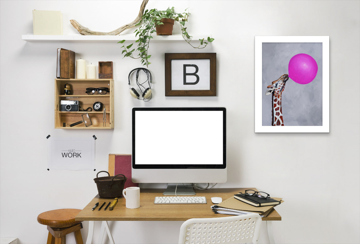 Giraffe With Bubblegum By Coco De Paris - White Framed Print - Wall Art - Americanflat