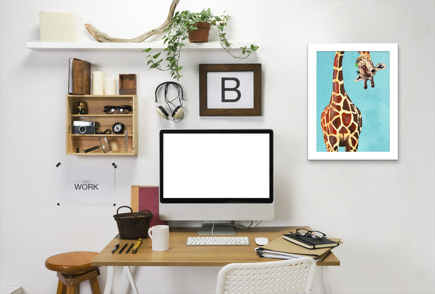 Giraffe With Green Leave By Coco De Paris - White Framed Print - Wall Art - Americanflat