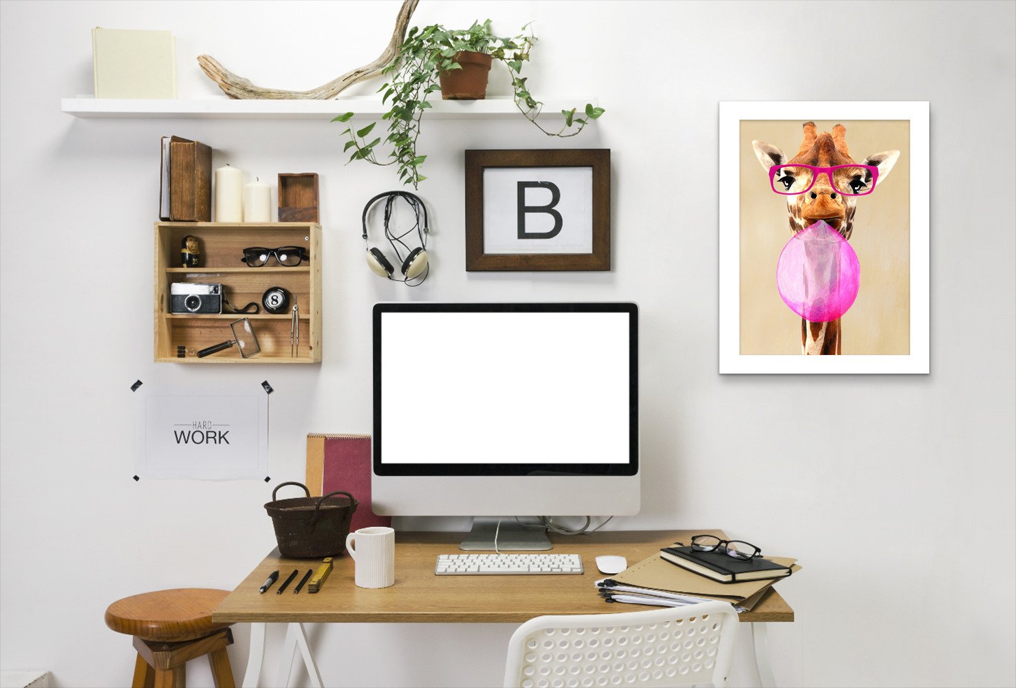 Giraffe With Spectacles And Bubblegum By Coco De Paris - Framed Print - Americanflat