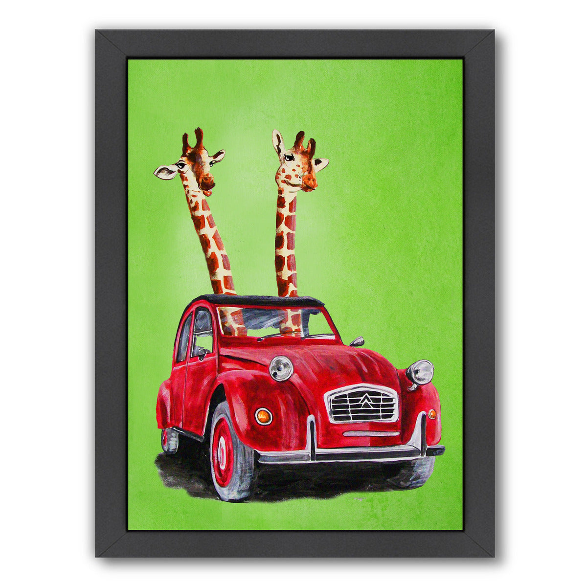 Giraffes In Red Car By Coco De Paris - Black Framed Print - Wall Art - Americanflat