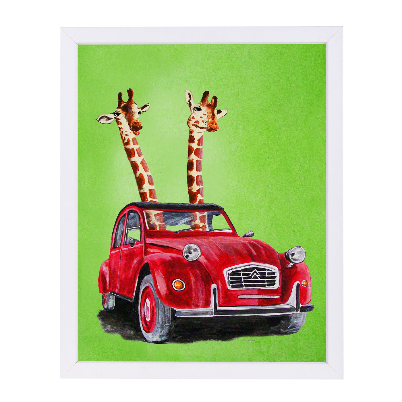 Giraffes In Red Car By Coco De Paris - White Framed Print - Wall Art - Americanflat